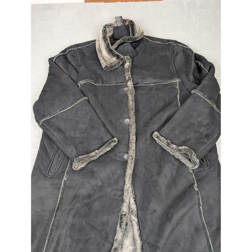 Utex Design Coat Womens 2X Black Faux Suede Faux Fur Lined Long Shearling Button